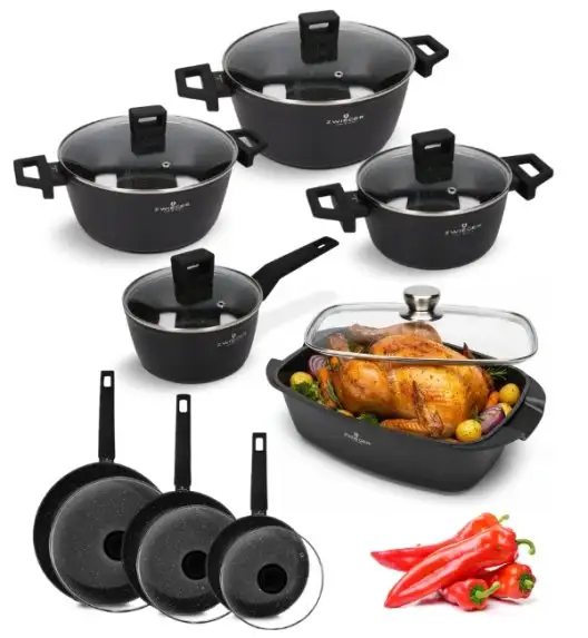ZWIEGER FORTE Komplet garnków z pokrywkami 16, 18, 20, 24 cm + Patelnie 20, 24, 28 cm + Brytfanna LAVENA + Pokrywki szklane Tadar
