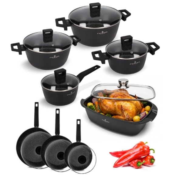 ZWIEGER FORTE Komplet garnków z pokrywkami 16, 18, 20, 24 cm + Patelnie 20, 24, 28 cm + Brytfanna LAVENA + Pokrywki szklane Tadar