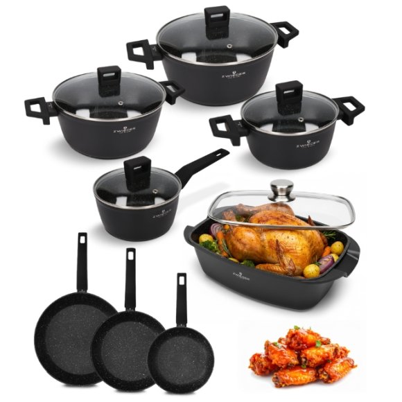 ZWIEGER FORTE Komplet garnków z pokrywkami 16, 18, 20, 24 cm + Patelnie 20, 24, 28 cm + Brytfanna LAVENA