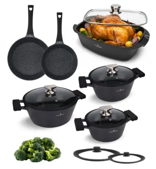 ZWIEGER BLACK STONE Zestaw garnków z pokrywkami 20, 24, 28 cm + Patelnie 20, 28 cm + Brytfanna LAVENA + Pokrywki silikonowe TADAR