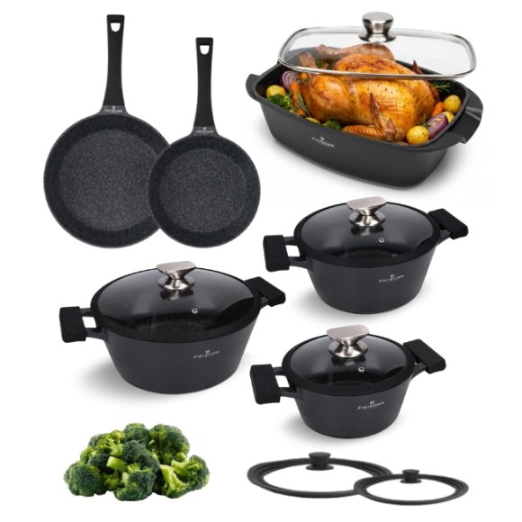 ZWIEGER BLACK STONE Zestaw garnków z pokrywkami 20, 24, 28 cm + Patelnie 20, 28 cm + Brytfanna LAVENA + Pokrywki silikonowe TADAR