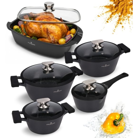 ZWIEGER BLACK STONE Zestaw garnków z pokrywkami 20, 24, 28 cm + Rondel 16 cm + Brytfanna LAVENA