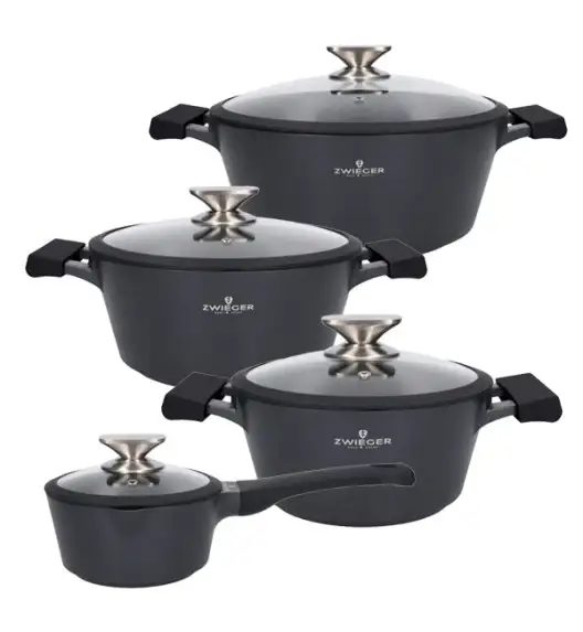 ZWIEGER BLACK STONE Zestaw garnków z pokrywkami 20, 24, 28 cm + Rondel 16 cm + Patelnie 20, 24, 28 cm + Brytfanna LAVENA + Pokrywki silikonowe TADAR