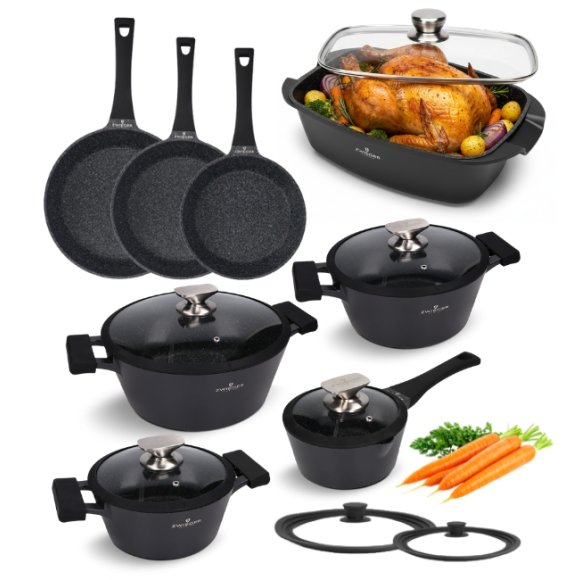 ZWIEGER BLACK STONE Zestaw garnków z pokrywkami 20, 24, 28 cm + Rondel 16 cm + Patelnie 20, 24, 28 cm + Brytfanna LAVENA + Pokrywki silikonowe TADAR