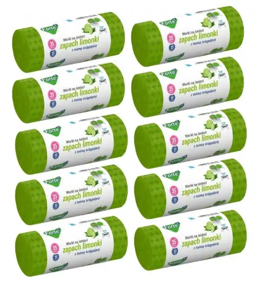 FORTE+ Komplet 10x Worki na śmieci 35 L / 15 szt. / LDPE / z taśmą / moletowane (z przetłoczeniami) / zapach limonka