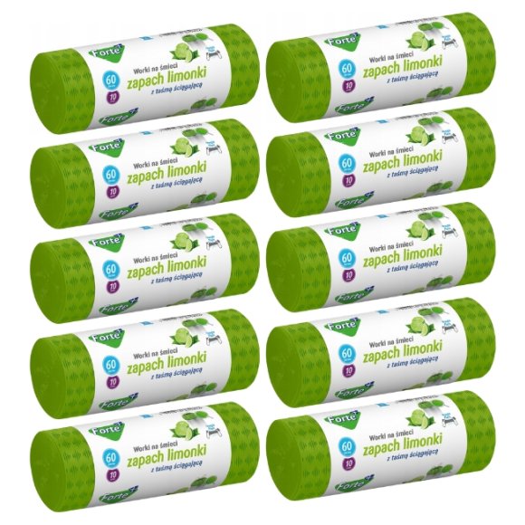 FORTE+ Komplet 10x Worki na śmieci 60 L / 10 szt. / LDPE / z taśmą / moletowane (z przetłoczeniami) / zapach limonka