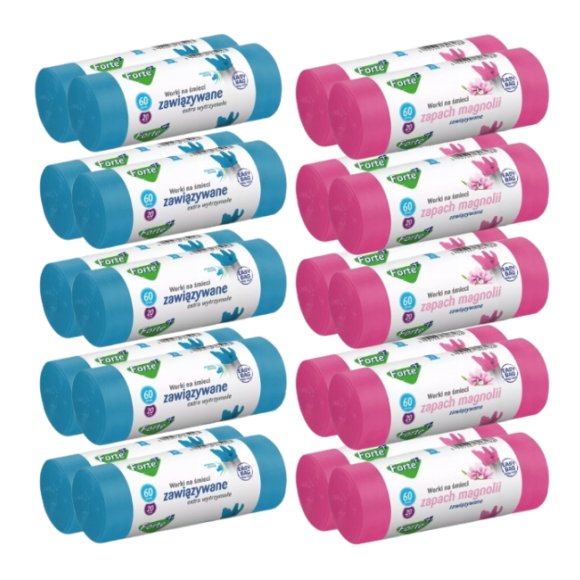 FORTE+ EASY-BAG Komplet 10x Worki na śmieci 60 L | 20 szt. / zawiązywane + 10x Worki na śmieci 60 L | 20 szt. / zawiązywane / zapach magnolia