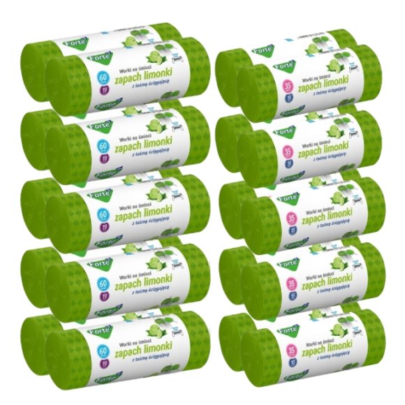 FORTE+ Komplet 10x Worki na śmieci 35 L | 15 szt. + 10x Worki na śmieci 60 L | 10 szt. / LDPE / z taśmą i przetłoczeniami / zapach limonka