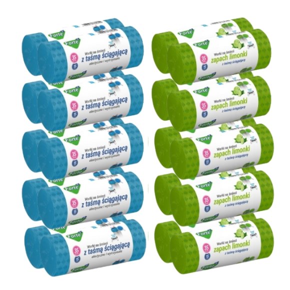 FORTE+ Komplet 10x Worki na śmieci 35 L | 15 szt. + 10x Worki na śmieci 35 L | 15 szt. (zapach limonka) / LDPE / z taśmą i przetłoczeniami