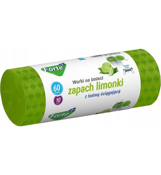 FORTE+ Komplet 10x Worki na śmieci 60 L | 10 szt.+ 10x Worki na śmieci 60 L | 10 szt. (zapach limonka) / LDPE / z taśmą i przetłoczeniami