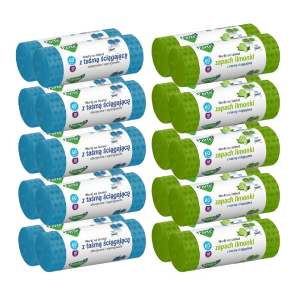 FORTE+ Komplet 10x Worki na śmieci 60 L | 10 szt.+ 10x Worki na śmieci 60 L | 10 szt. (zapach limonka) / LDPE / z taśmą i przetłoczeniami