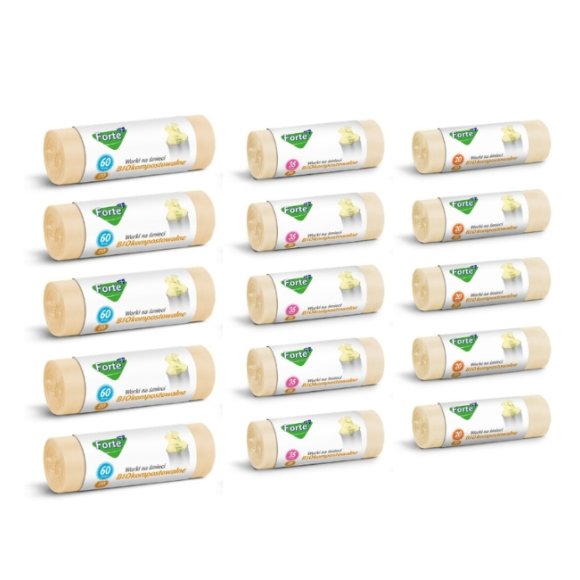 FORTE+ Komplet 5x Worki na śmieci 20 L | 20 szt. + 5x Worki na śmieci 35 L | 20 szt. + 5x Worki na śmieci 60L | 20 szt./ BIOkompostowalne
